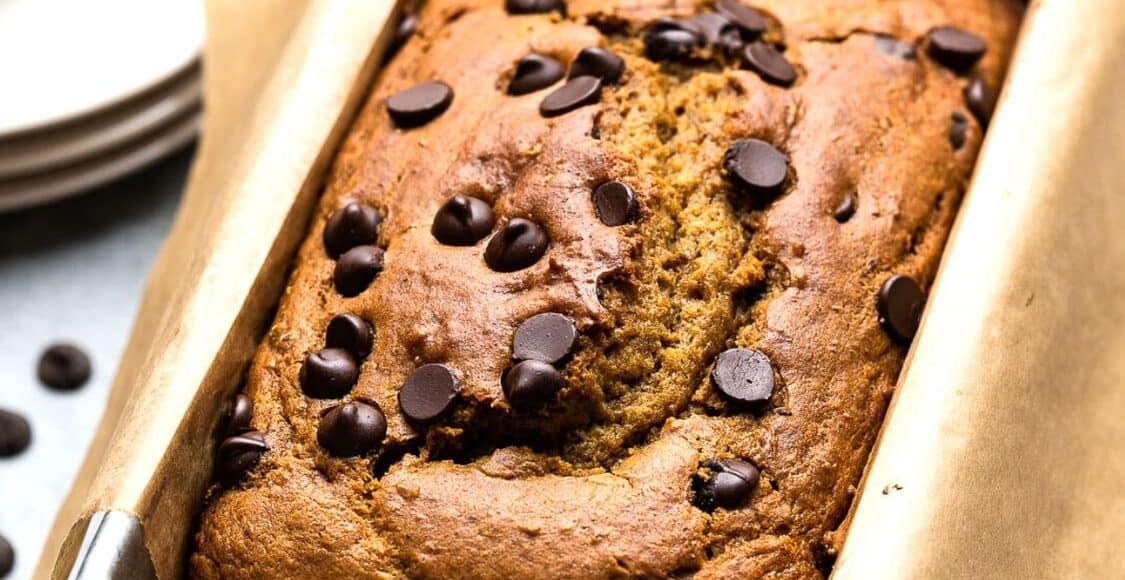 Chocolate chip pumpkin bread in a loaf pan is one of Five Little Things I loved the week of October 23, 2020.