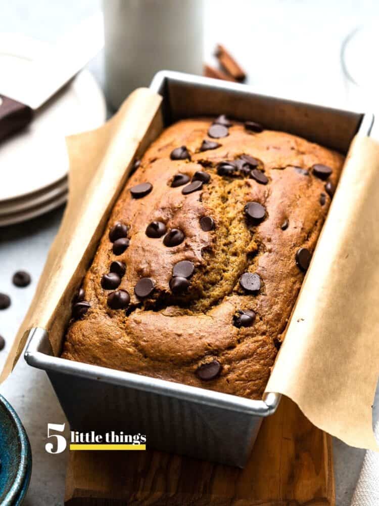 Chocolate chip pumpkin bread in a loaf pan is one of Five Little Things I loved the week of October 23, 2020.