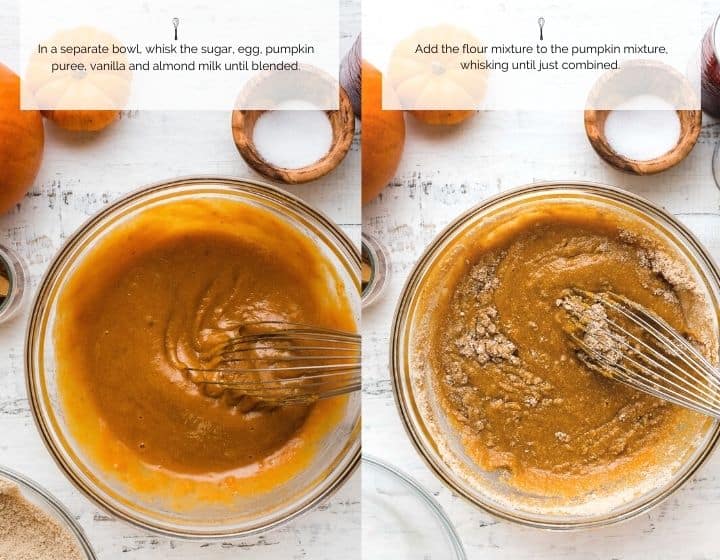 A collage showing step by step instructions for how to make baked pumpkin doughnuts with almond flour.
Whisking the dry ingredients with the wet ingredients.