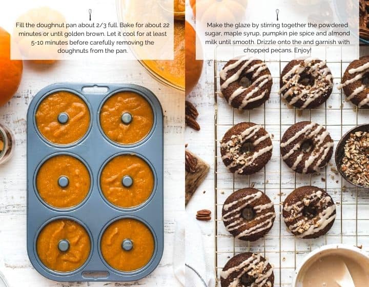 A collage showing step by step instructions for how to make baked pumpkin doughnuts with almond flour.
A doughnut pan full of batter, and a wire rack filled with cooked and iced doughnuts.