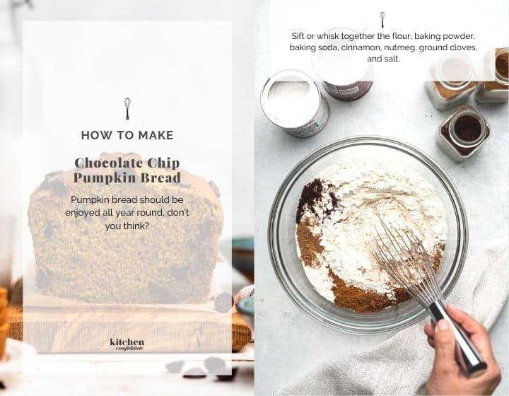 Step by step instructions for how to make Chocolate Chip Pumpkin Bread: whisking the dry ingredients in a glass bowl.