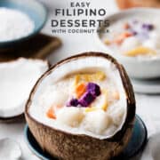 Ginataang Bilo Bilo in a coconut shell is one of 10 Easy Filipino Desserts with Coconut Milk