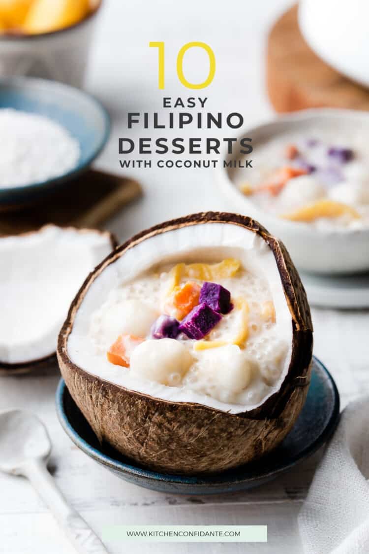 Ginataang Bilo Bilo in a coconut shell is one of 10 Easy Filipino Desserts with Coconut Milk