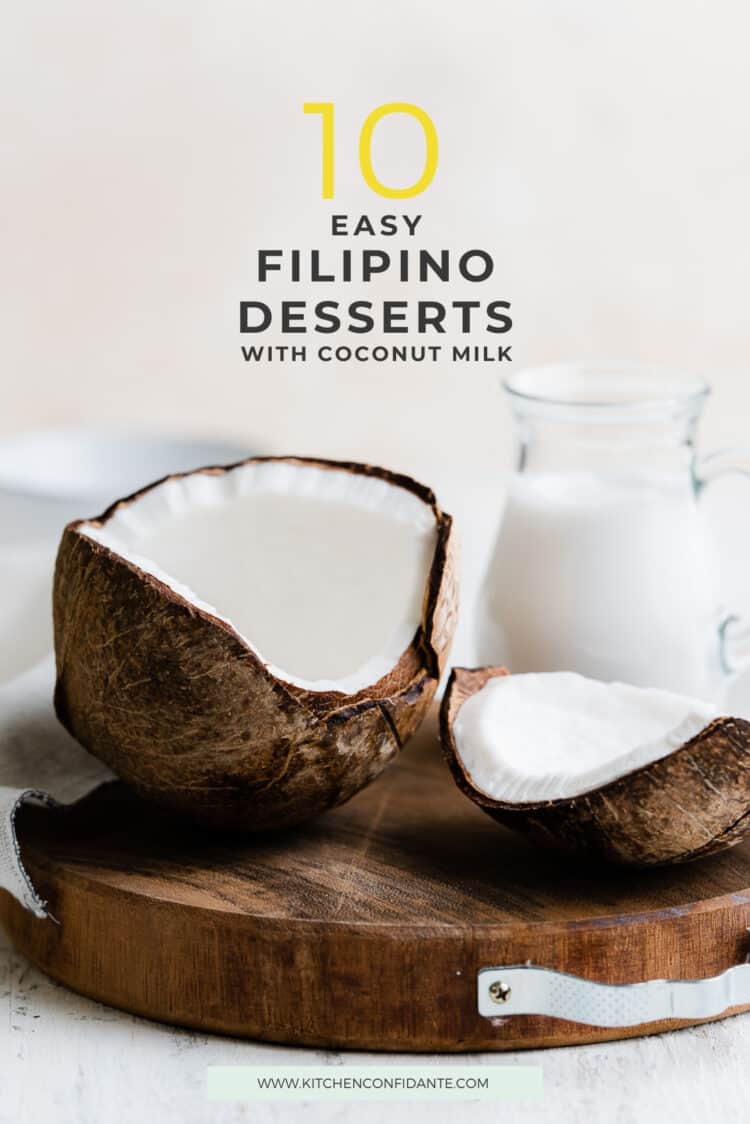 A coconut shell and coconut milk for Easy Filipino Desserts