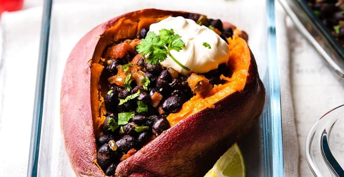 Chipotle Black Bean Sweet Potato in a glass dish is one of Five Little Things I loved the week of November 13, 2020.