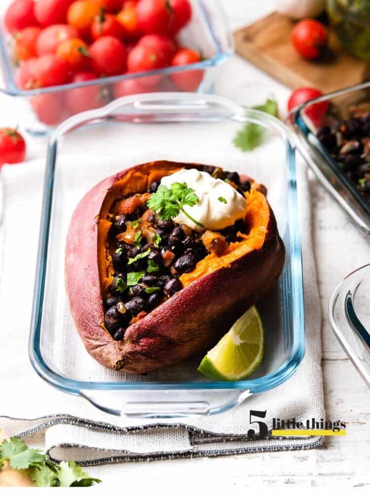 Chipotle Black Bean Sweet Potato in a glass dish is one of Five Little Things I loved the week of November 13, 2020.