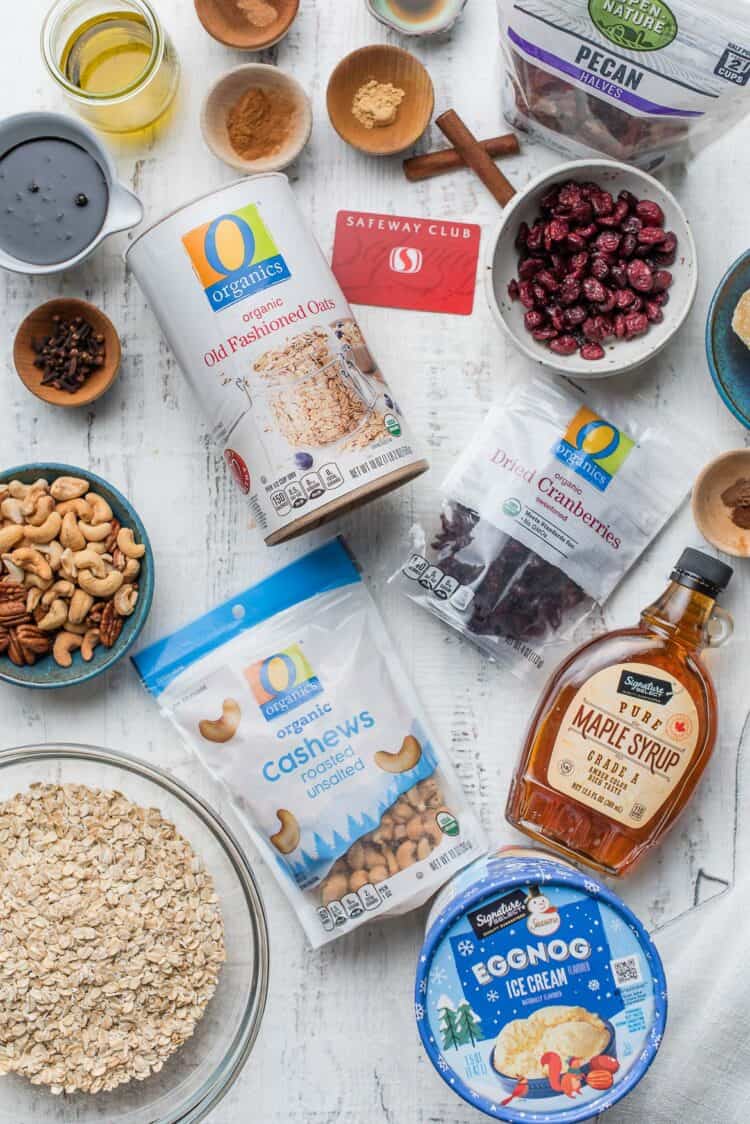 Ingredients for Gingerbread Granola purchased from Safeway on a white table.