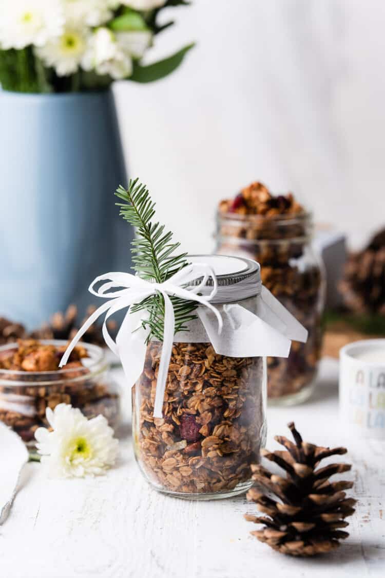 Gingerbread granola in a mason jar decorated with ribbon and sprig of pine.