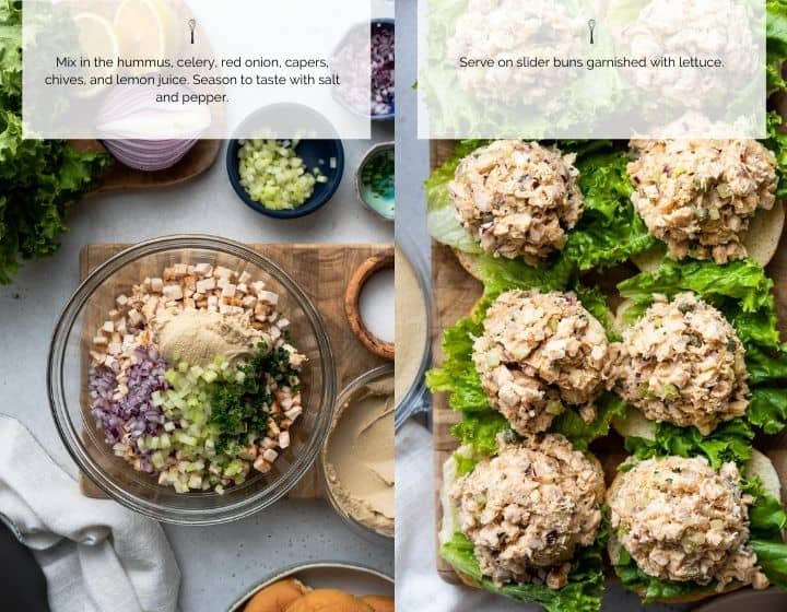 Step by step instructions for how to make hummus chicken salad sliders.