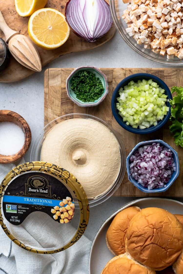 Boar's Head Humus and ingredients for Hummus Chicken Salad Sliders