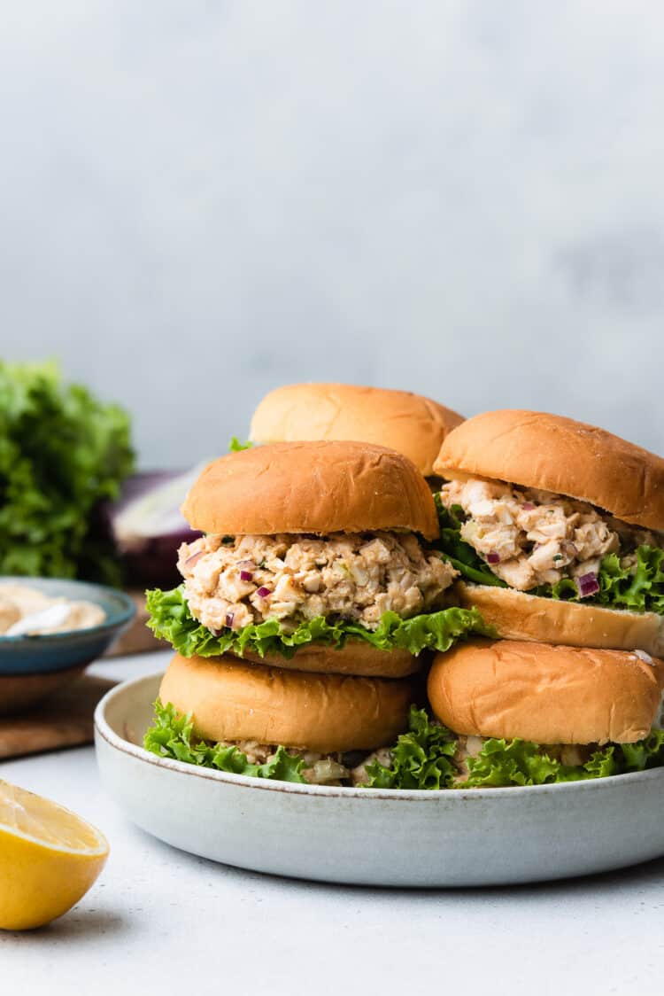 Stack of Hummus Chicken Salad Sliders on a plate.