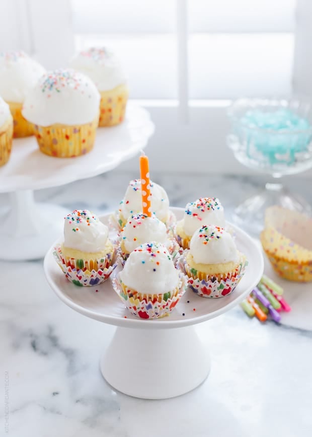 Ice Cream Cupcakes on a white cake stand.