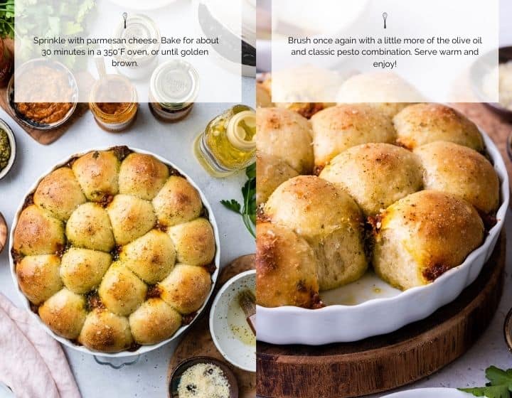 Step by step instructions for how to make pesto pull-apart rolls.