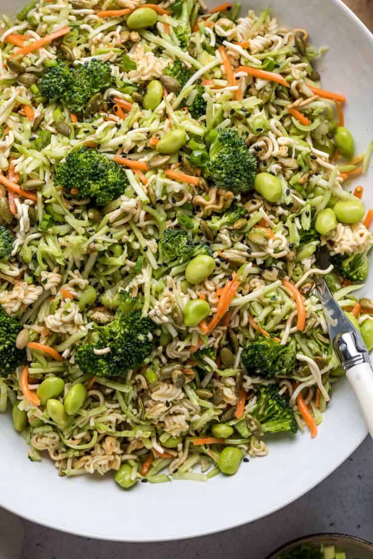 Close up of Broccoli Slaw with Ramen in a bowl.