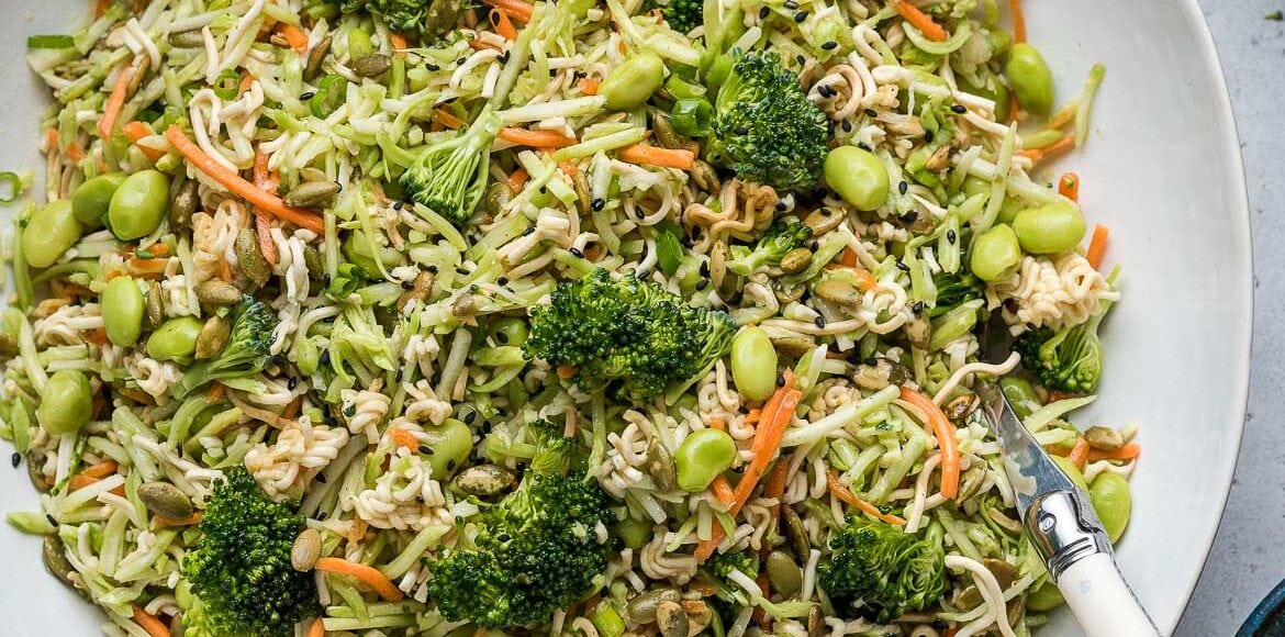 Broccoli Slaw with Ramen in a white bowl