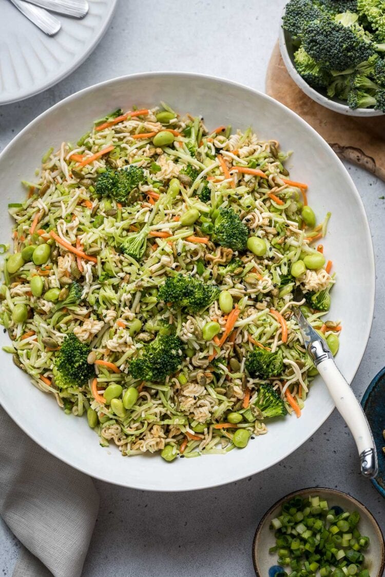 Broccoli Slaw with Ramen in a white bowl