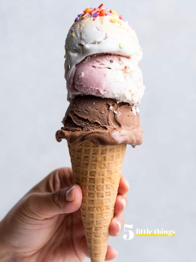 Three scoops of ice cream on a cone - one of the cool treats I love in this weeks Five Little Things the week of July 31, 2021.