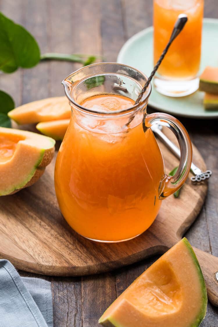 Cantaloupe Juice (Melon sa Malamig) in a glass pitcher.