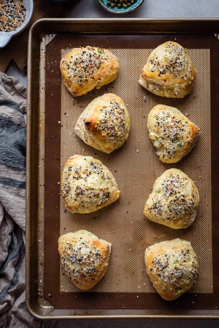 Everything Bagel Scones on a baking tray.