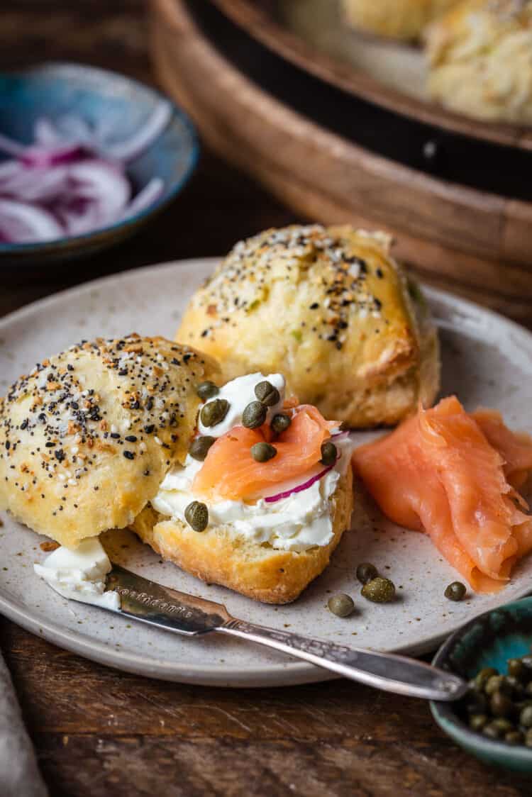 Everything Bagel Scones served with cream cheese, lox (smoked salmon), capers, and red onions.