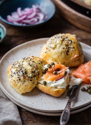 Everything Bagel Scones served with cream cheese, lox (smoked salmon), capers, and red onions.