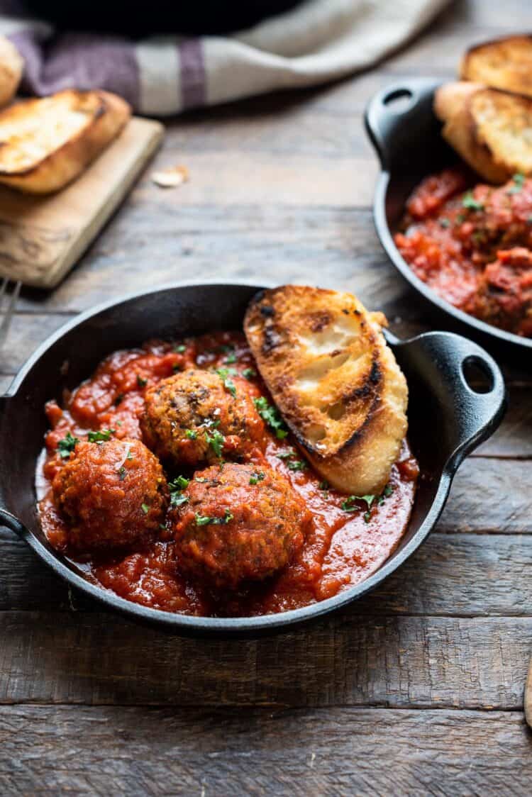 Mushroom Meatballs with marinara sauce and toasted bread.