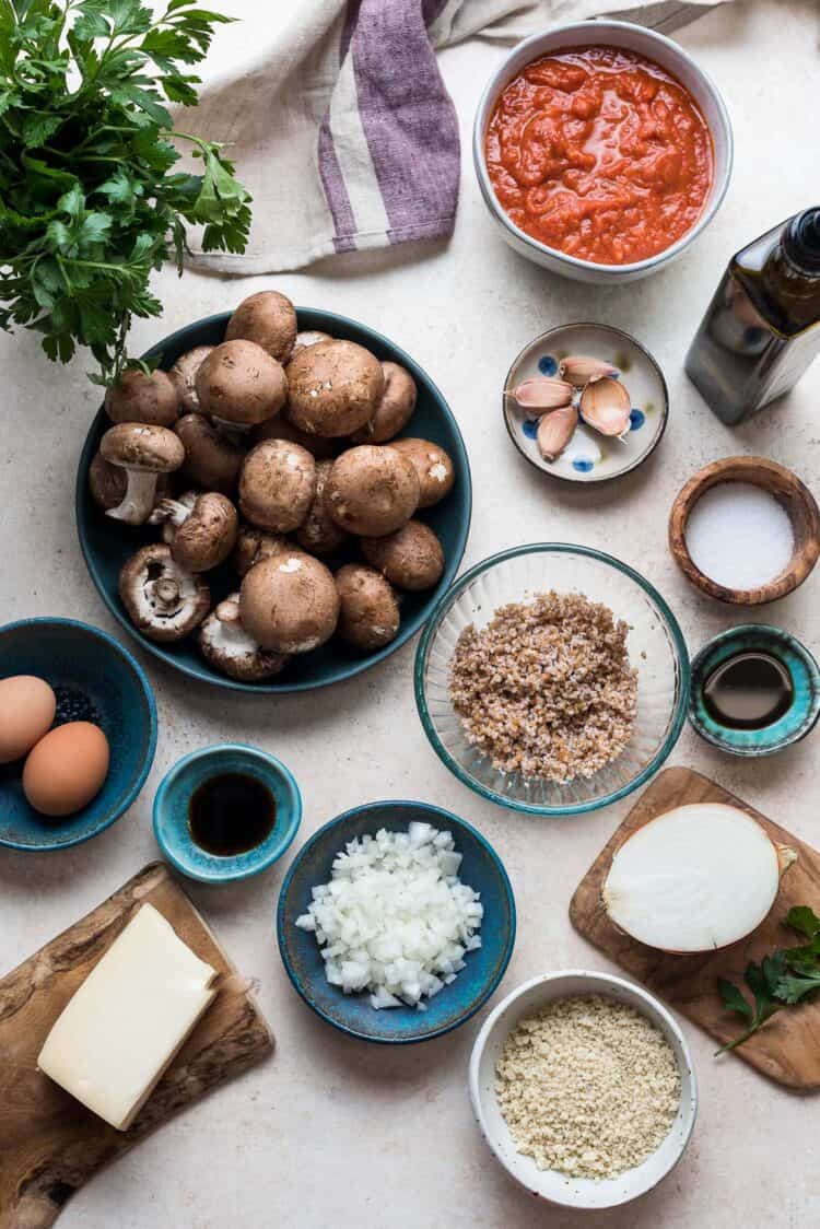 Ingredients for a recipe in a variety of bowls.