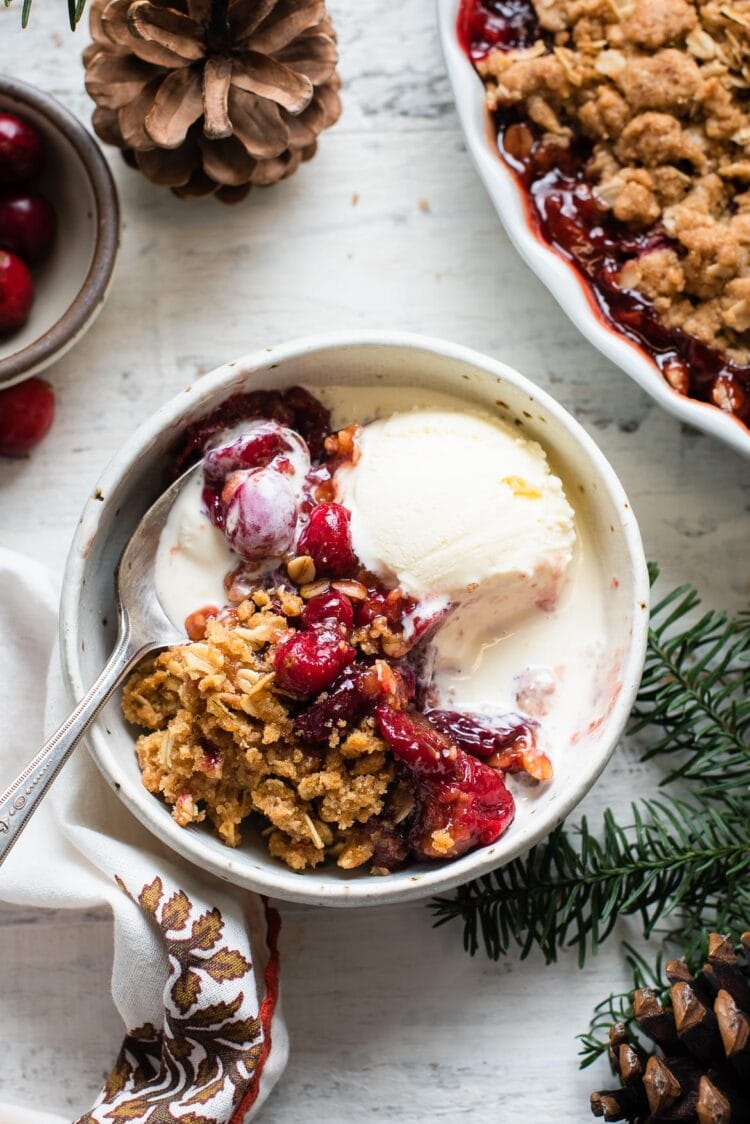 Cranberry Apple Crisp with vanilla ice cream in a bowl.