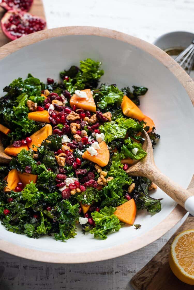 Kale Persimmon Salad in a salad bowl