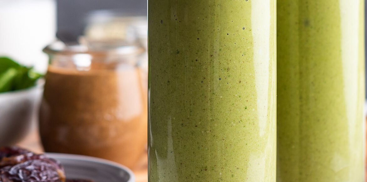 Glasses of Date Smoothie, a green breakfast smoothie.