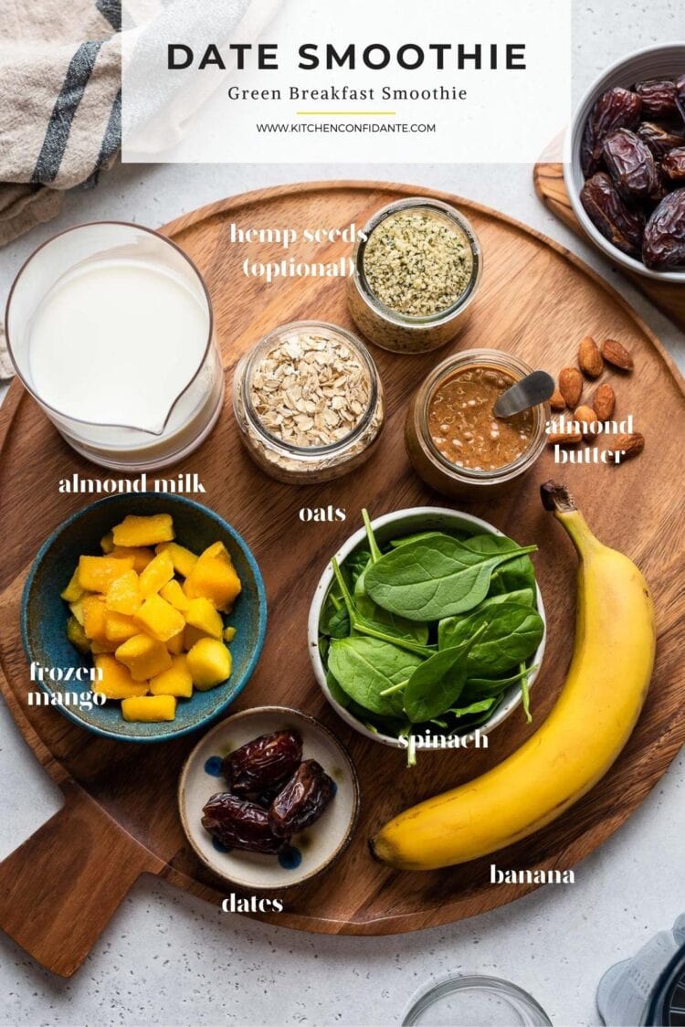 Ingredients for Date Smoothie on a wood board to make a Green Breakfast Smoothie