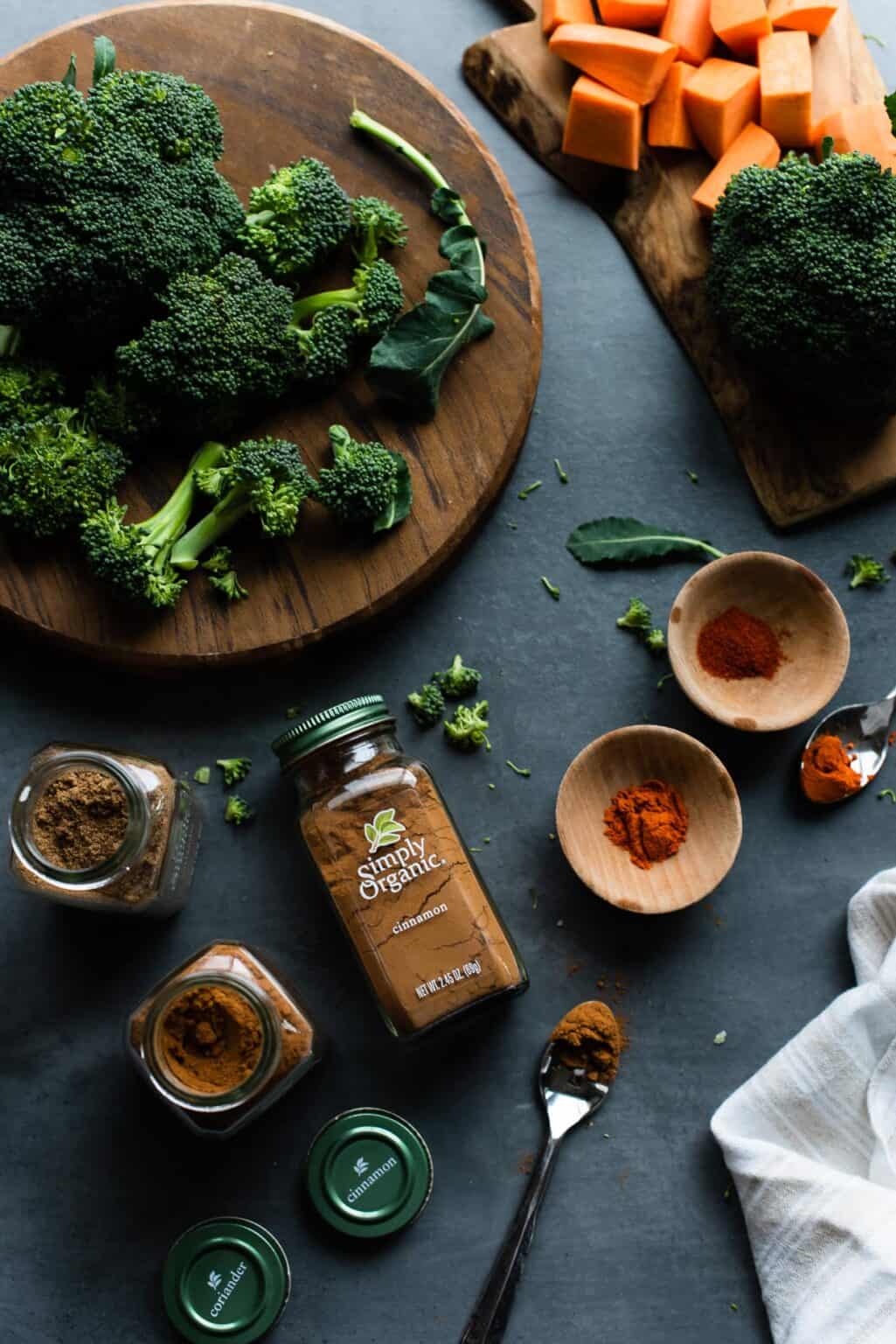Sheet Pan Moroccan Chicken with Broccoli Rice and Sweet Potatoes
