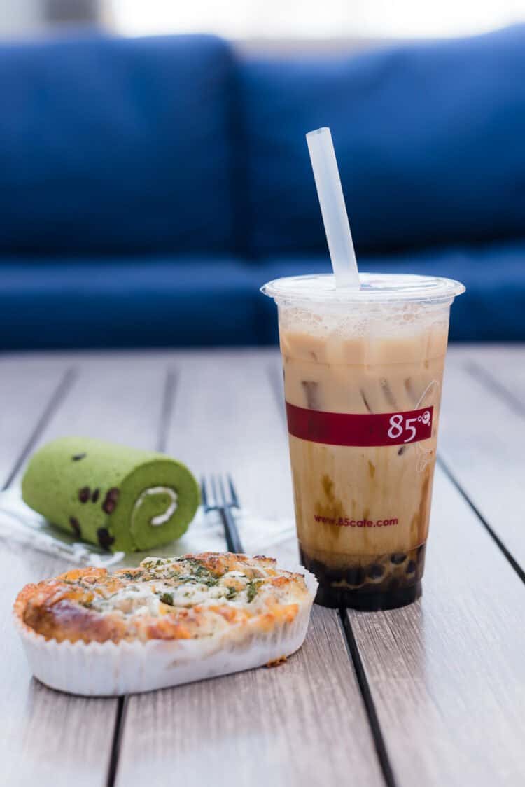 Tiger Boba Milk Tea, bread, and pastries from 85°C Bakery Cafe.