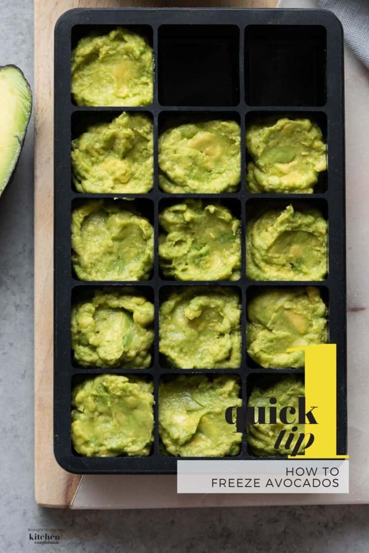 Mashed avocados in an ice cube tray, and tips on how to freeze avocados.