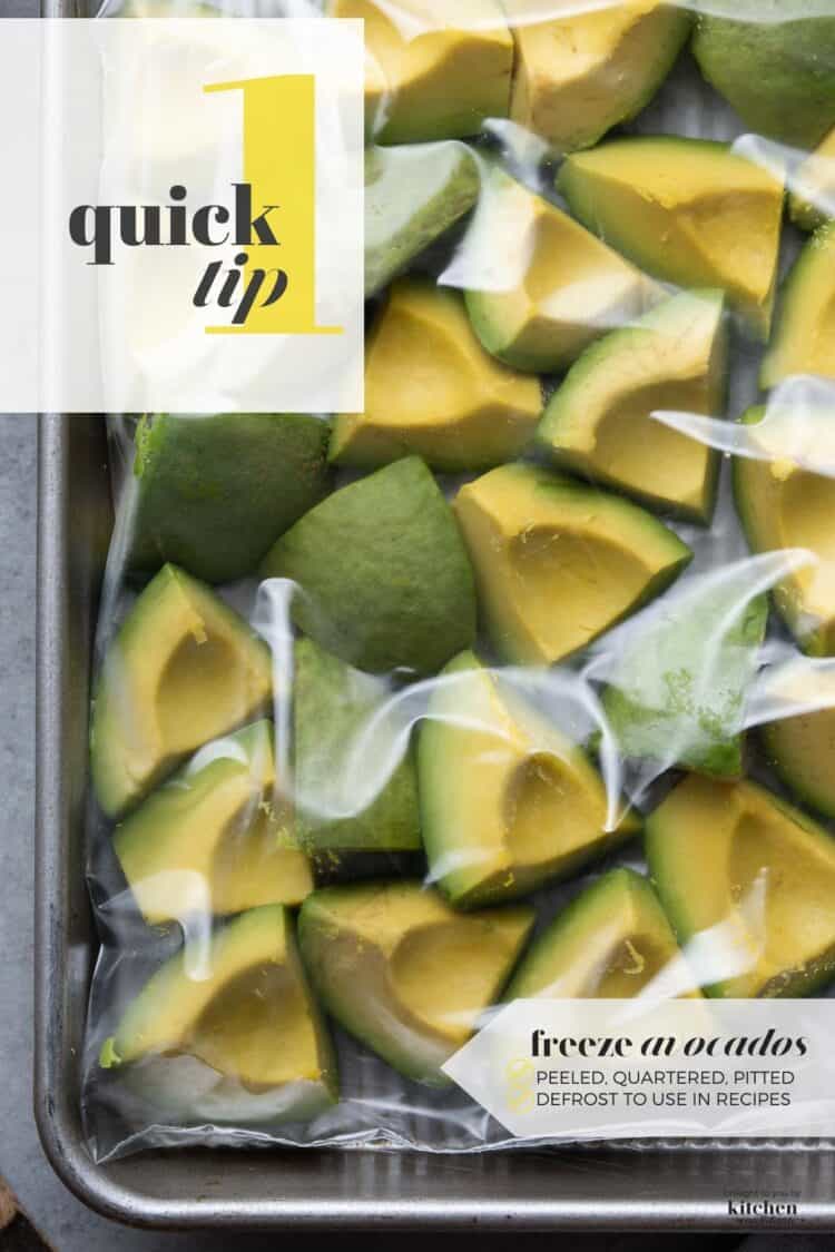 Peeled and quartered avocados in a freezer bag,and tips on how to freeze avocados.