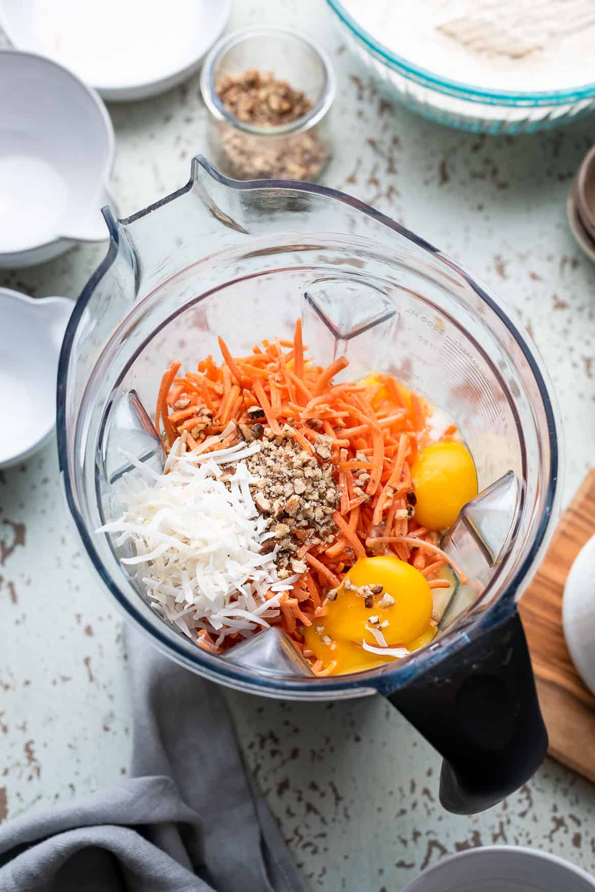 Ingredients for Carrot Cake Waffles in a blender