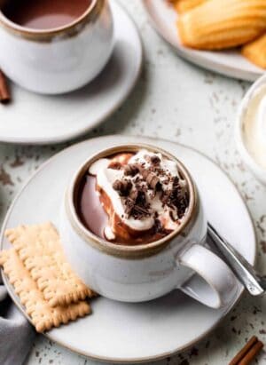 European Hot Chocolate in a mug with whipped cream, chocolate shavings, and served with cookies.
