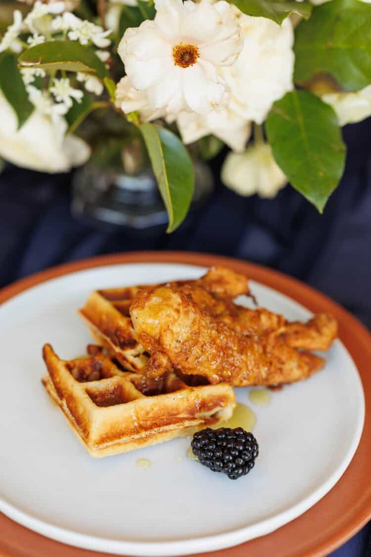 Chef Trimell's Chicken and Waffles on a plate at the Fresh Air Retreat in Scottsdale, AZ