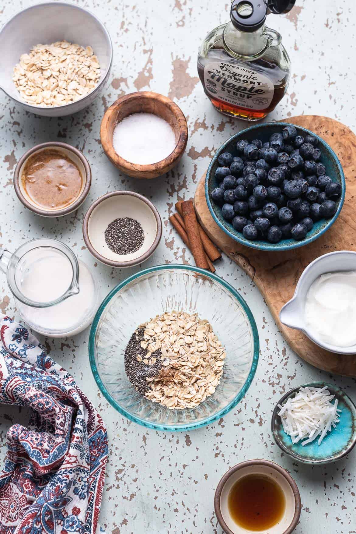 Ingredients for Blueberry Muffin Overnight Oats on a table