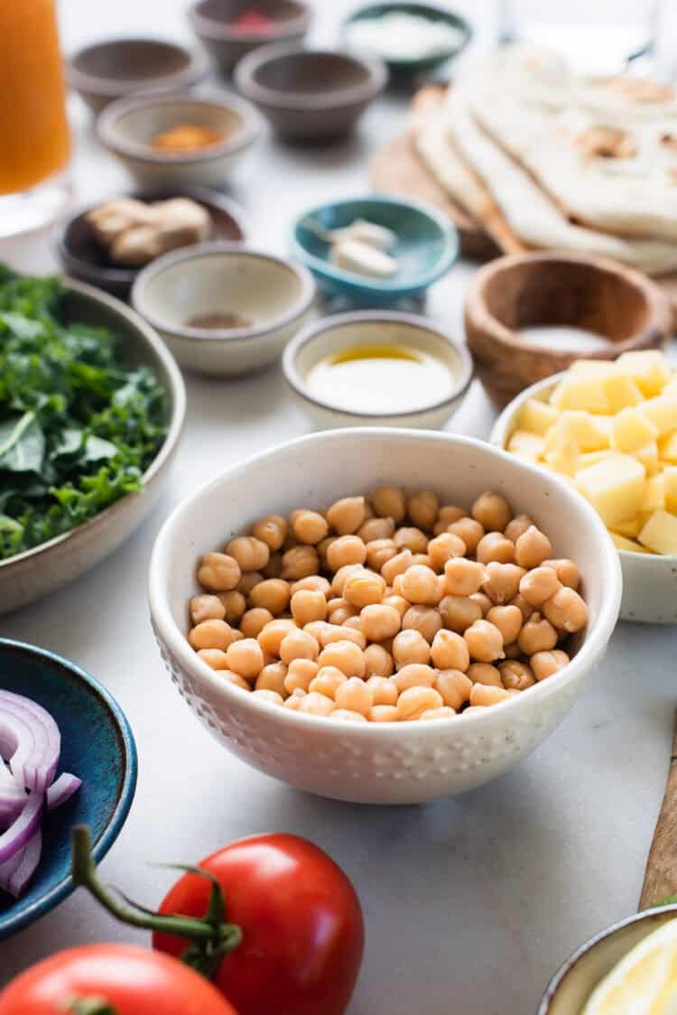 Chickpeas in a white bowl for Chana Masala Soup