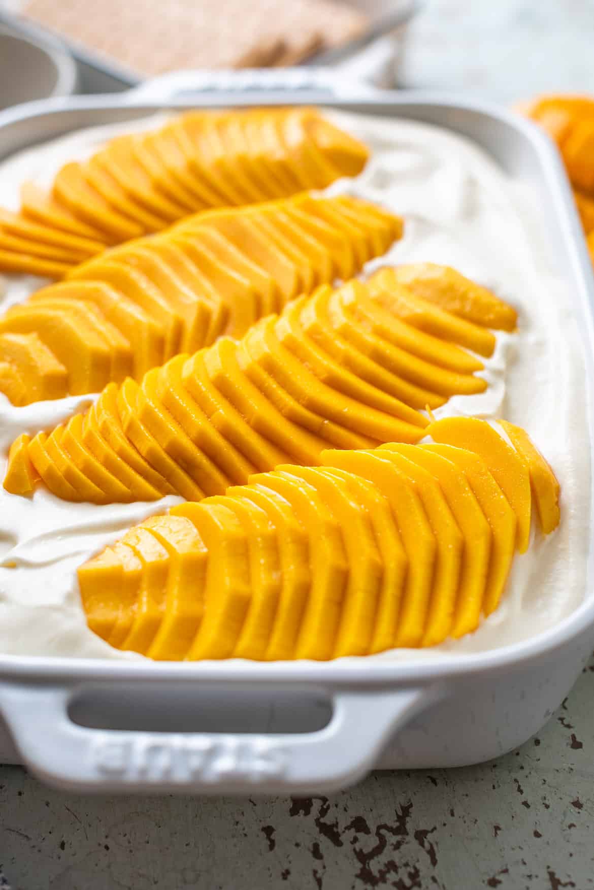 Mango float dessert assembled in a white dish.