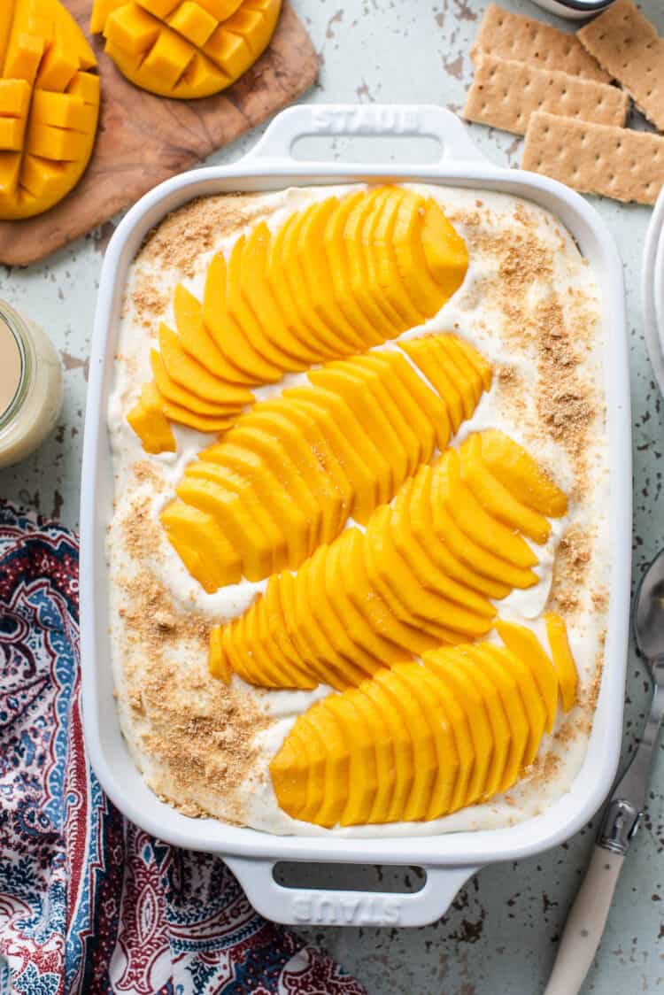 Mango Float dessert in a baking dish.