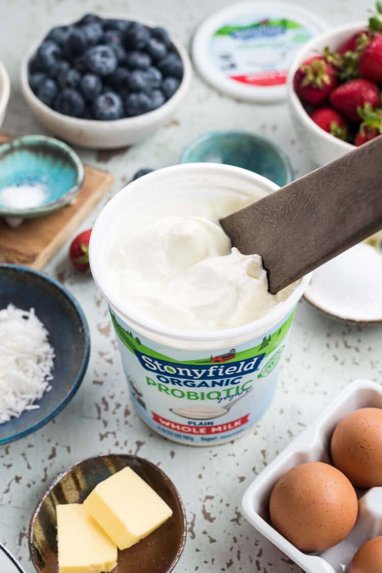 Stonyfield Organic Yogurt and ingredients for puff pastry fruit tarts.
