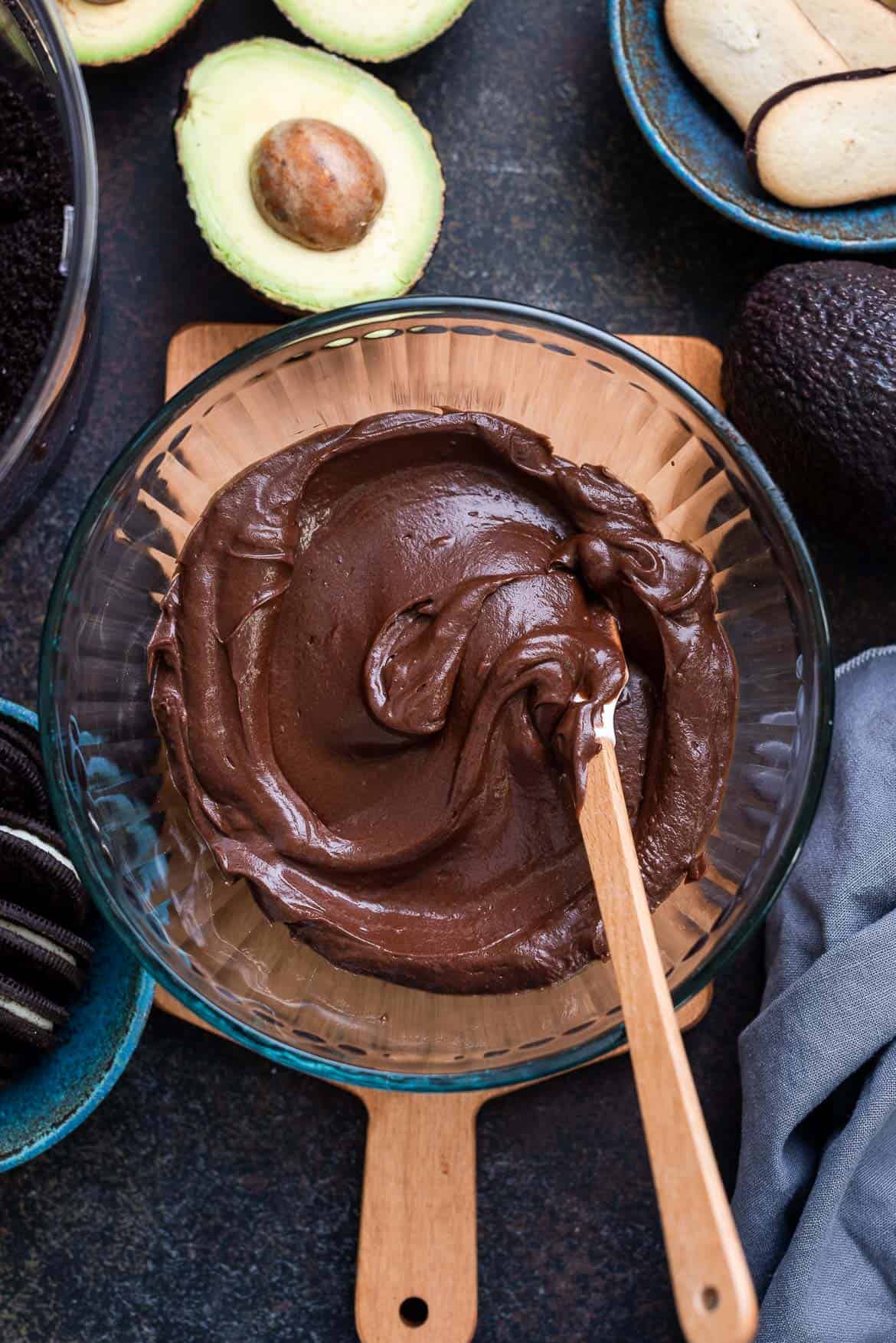 Avocado Chocolate Pudding in a bowl for Halloween dirt cups.