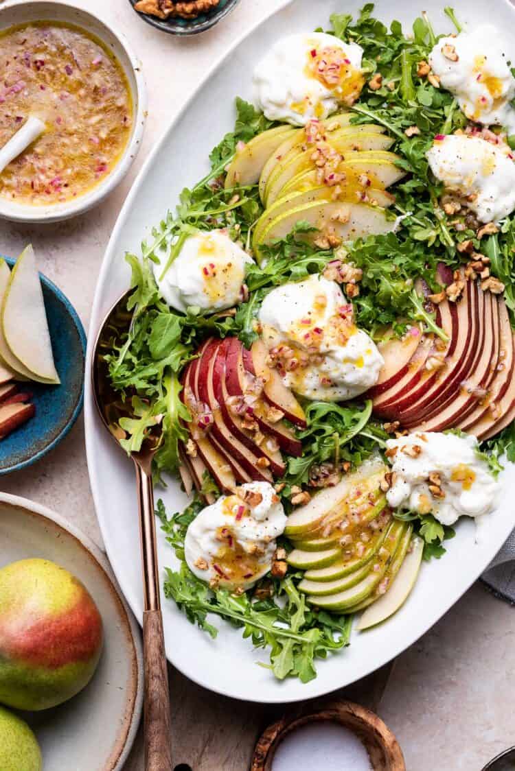 Pear and Burrata Salad on a platter.