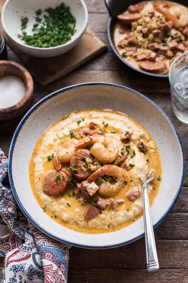 Shrimp and Grits with Andouille Sausage in a bowl.
