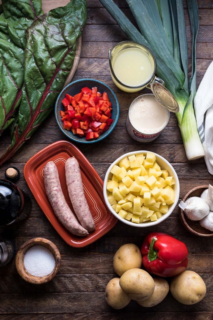 Ingredients for Swiss Chard, Leek, Potato, and Sausage Soup