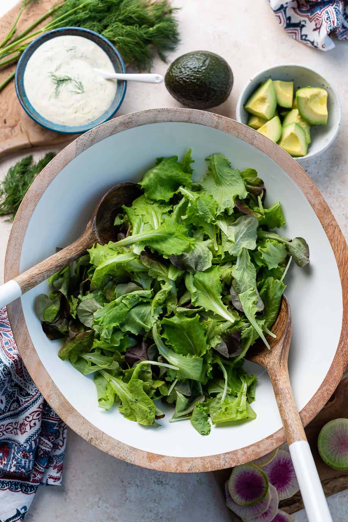 Lettuce salad greens in a big bowl.