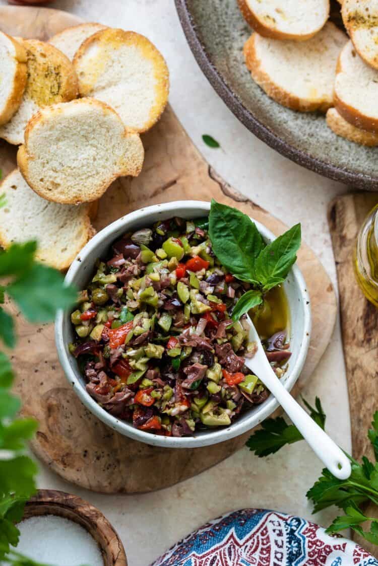 Olive bruschetta topping in a bowl.