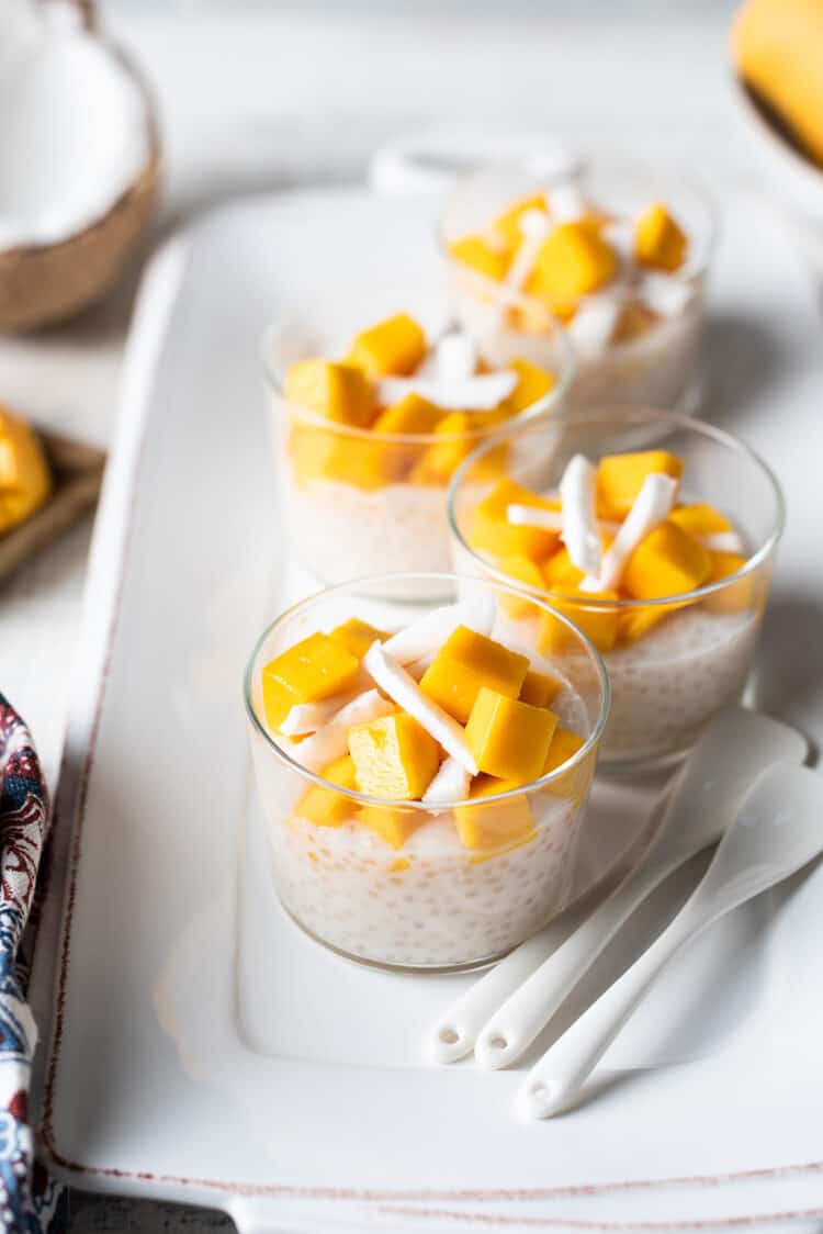 Mango Coconut Tapioca Pudding on a white serving tray.